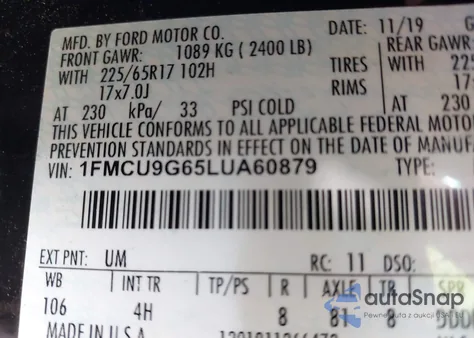 2020 Ford Escape Se from USA, damaged, VIN 1FMCU9G65LUA60879